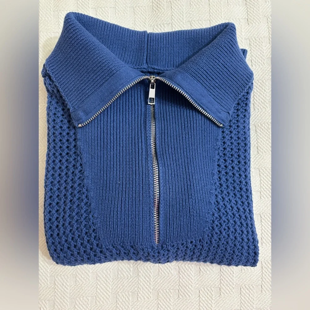 Blue Open Knit 1/4 Zip-Funnel Neck/Polo Collar- sz L Coastal Grandma Resortwear
